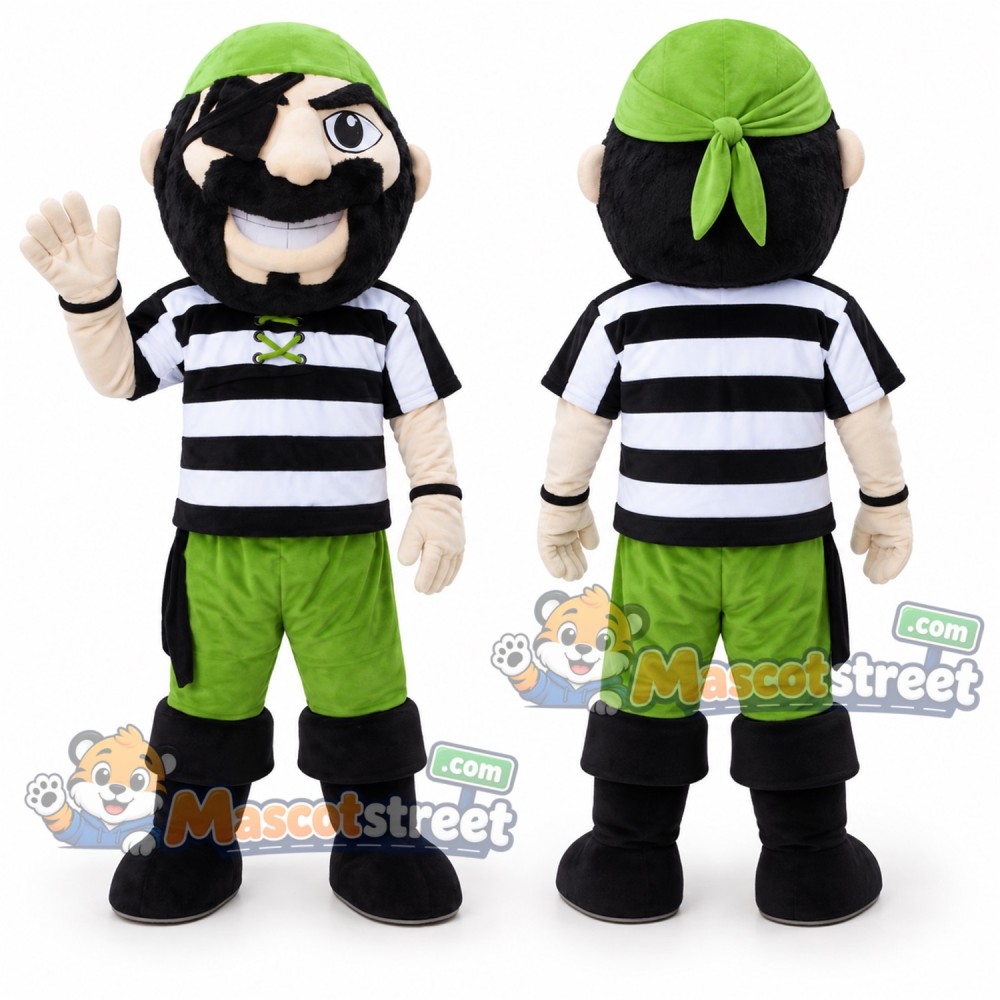 Pirate Mascot Costume with Striped Shirt, Green Shorts and Green Bandana Pirate Mascot Costume with Striped Shirt, Green Shorts and Green Bandana
