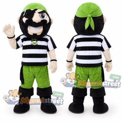 Pirate Mascot Costume with Striped Shirt, Green Shorts and Green Bandana Pirate Mascot Costume with Striped Shirt, Green Shorts and Green Bandana