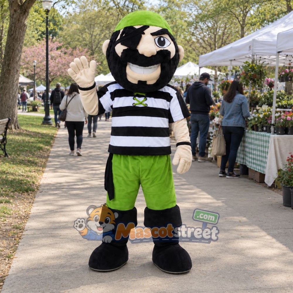 Pirate Mascot Costume with Striped Shirt, Green Shorts and Green Bandana Pirate Mascot Costume with Striped Shirt, Green Shorts and Green Bandana