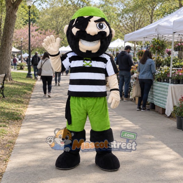 Pirate Mascot Costume with Striped Shirt, Green Shorts and Green Bandana