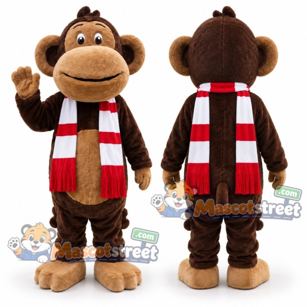 Brown Monkey Mascot Costume with Red and White Scarf