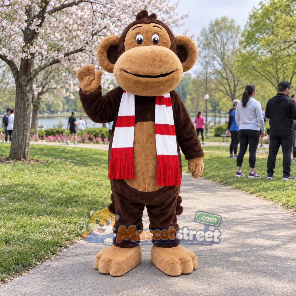 Brown Monkey Mascot Costume with Red and White Scarf
