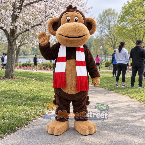 Brown Monkey Mascot Costume with Red and White Scarf