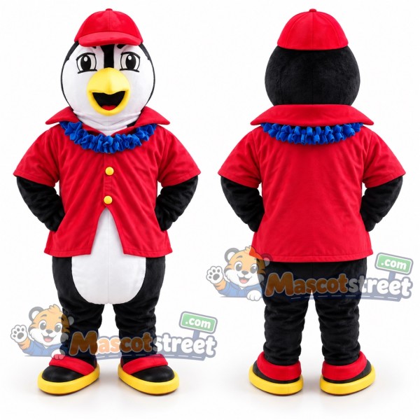 Penguin Mascot Costume with Red Jacket and Red Cap