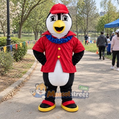 Penguin Mascot Costume with Red Jacket and Red Cap