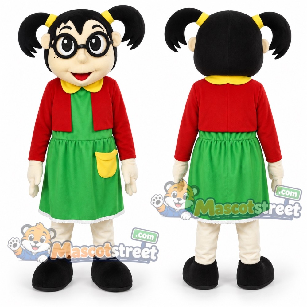 Girl Mascot Costume with Red Cardigan, Green Dress and Glasses