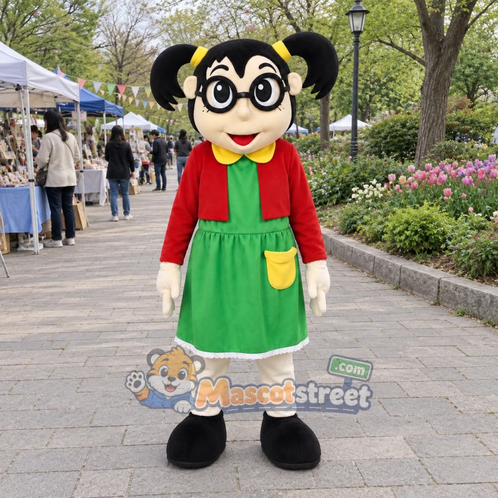 Girl Mascot Costume with Red Cardigan, Green Dress and Glasses