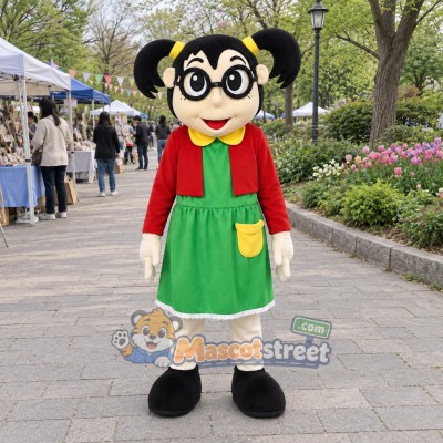 Girl Mascot Costume with Red Cardigan, Green Dress and Glasses