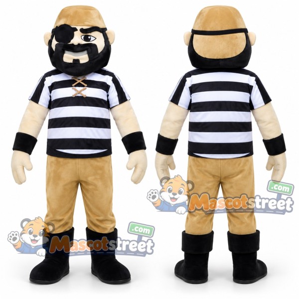Pirate Mascot Costume with Striped Shirt, Tan Shorts and Eyepatch