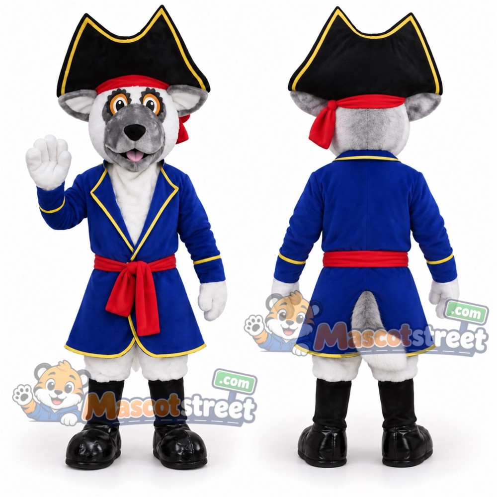 Gray Dog Mascot Costume with Blue Pirate Coat and Black Pirate Hat Gray Dog Mascot Costume with Blue Pirate Coat and Black Pirate Hat