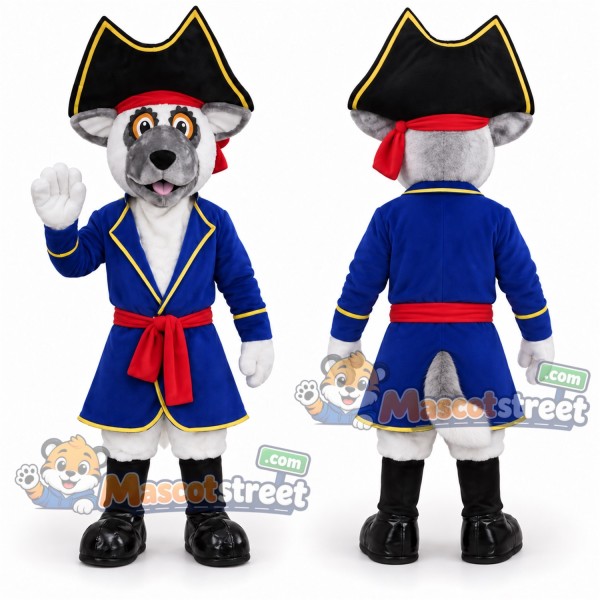 Gray Dog Mascot Costume with Blue Pirate Coat and Black Pirate Hat