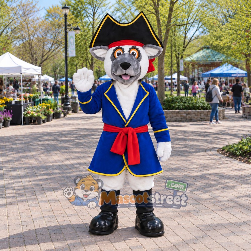 Gray Dog Mascot Costume with Blue Pirate Coat and Black Pirate Hat Gray Dog Mascot Costume with Blue Pirate Coat and Black Pirate Hat