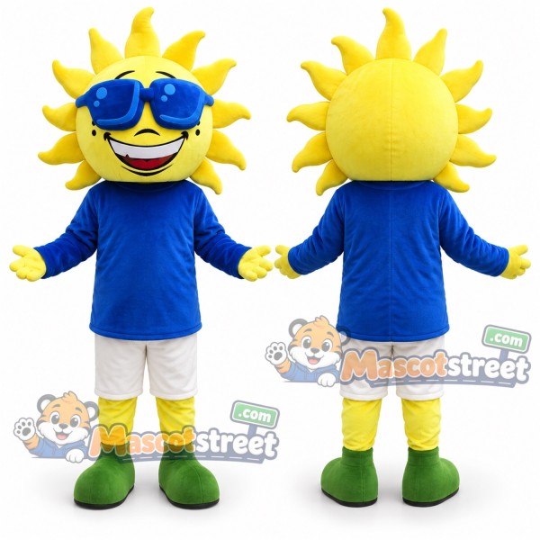 Sun Mascot Costume with Blue Shirt, White Shorts and Sunglasses