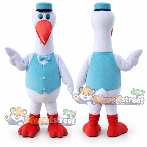 White Stork Mascot Costume with Blue Vest and Blue Hat