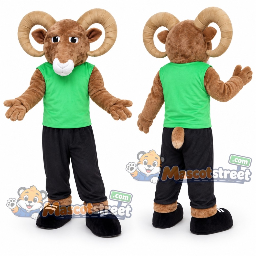 Brown Ram Mascot Costume with Green Vest and Black Trousers