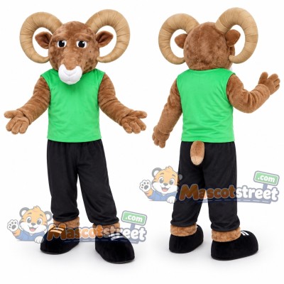 Brown Ram Mascot Costume with Green Vest and Black Trousers
