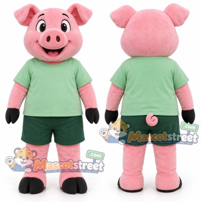 Pink Pig Mascot Costume with Green Shirt and Dark Green Shorts