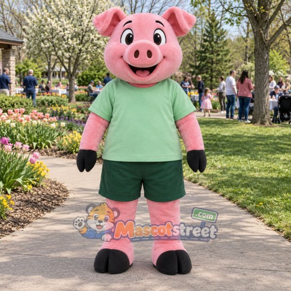Pink Pig Mascot Costume with Green Shirt and Dark Green Shorts