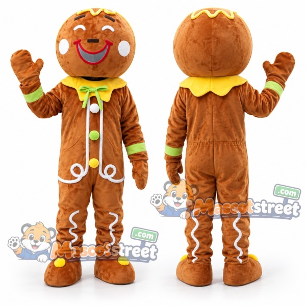 Gingerbread Person Mascot Costume with Yellow Collar