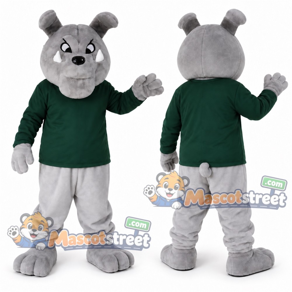 Gray Bulldog Mascot Costume with Green Sweater and Gray Trousers Gray Bulldog Mascot Costume with Green Sweater and Gray Trousers