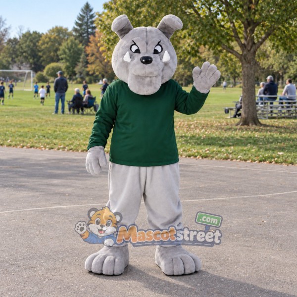 Gray Bulldog Mascot Costume with Green Sweater and Gray Trousers