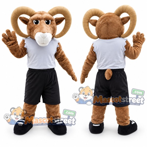Brown Ram Mascot Costume with White Vest and Black Shorts