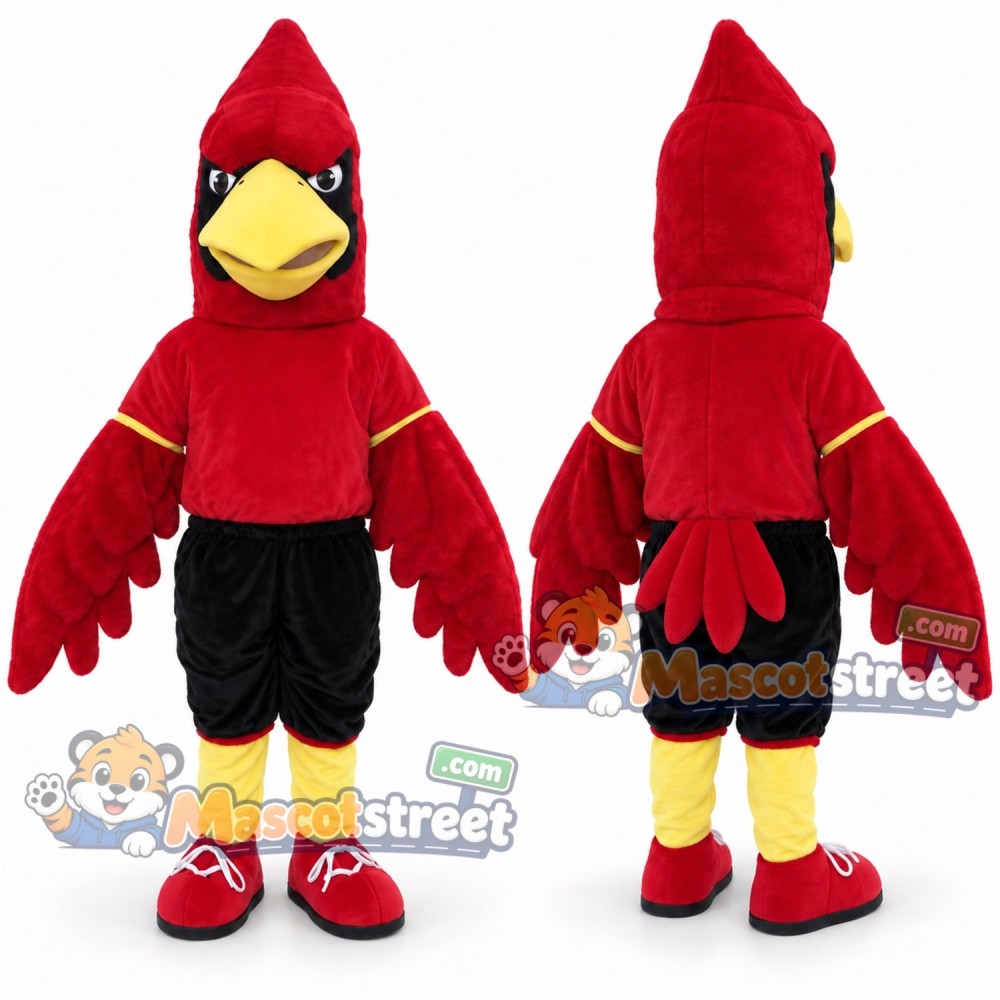 Red Cardinal Mascot Costume with Red Shirt and Black Shorts Red Cardinal Mascot Costume with Red Shirt and Black Shorts