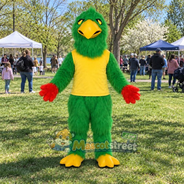 Green Bird Mascot Costume with Yellow Vest Green Bird Mascot Costume with Yellow Vest