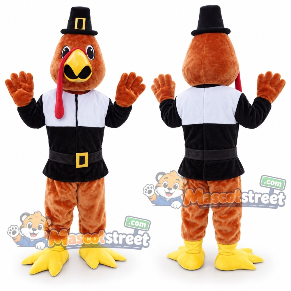 Brown Turkey Mascot Costume with Black Pilgrim Outfit and Hat Brown Turkey Mascot Costume with Black Pilgrim Outfit and Hat