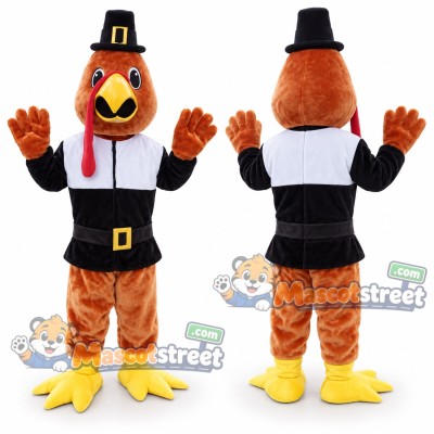 Brown Turkey Mascot Costume with Black Pilgrim Outfit and Hat Brown Turkey Mascot Costume with Black Pilgrim Outfit and Hat