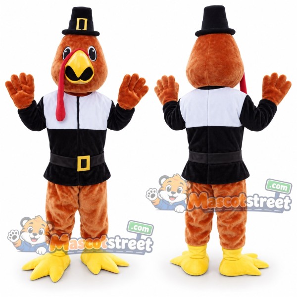 Brown Turkey Mascot Costume with Black Pilgrim Outfit and Hat