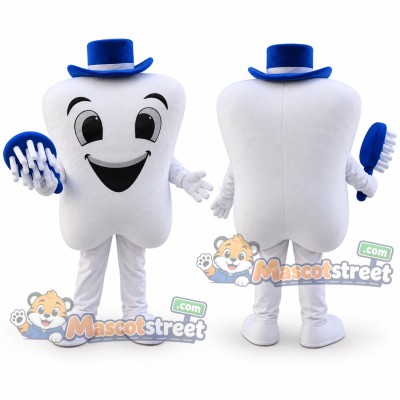 White Tooth Mascot Costume with Blue Hat