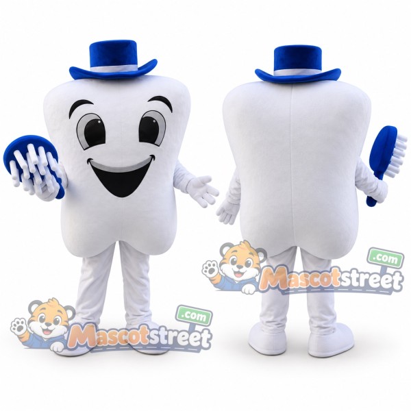 White Tooth Mascot Costume with Blue Hat