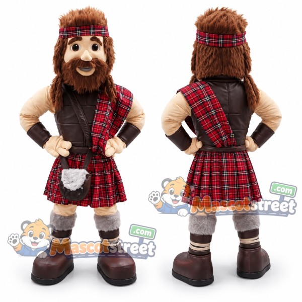 Highlander Mascot Costume with Red Tartan Kilt and Sash