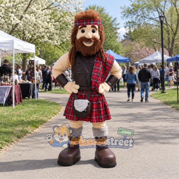 Highlander Mascot Costume with Red Tartan Kilt and Sash