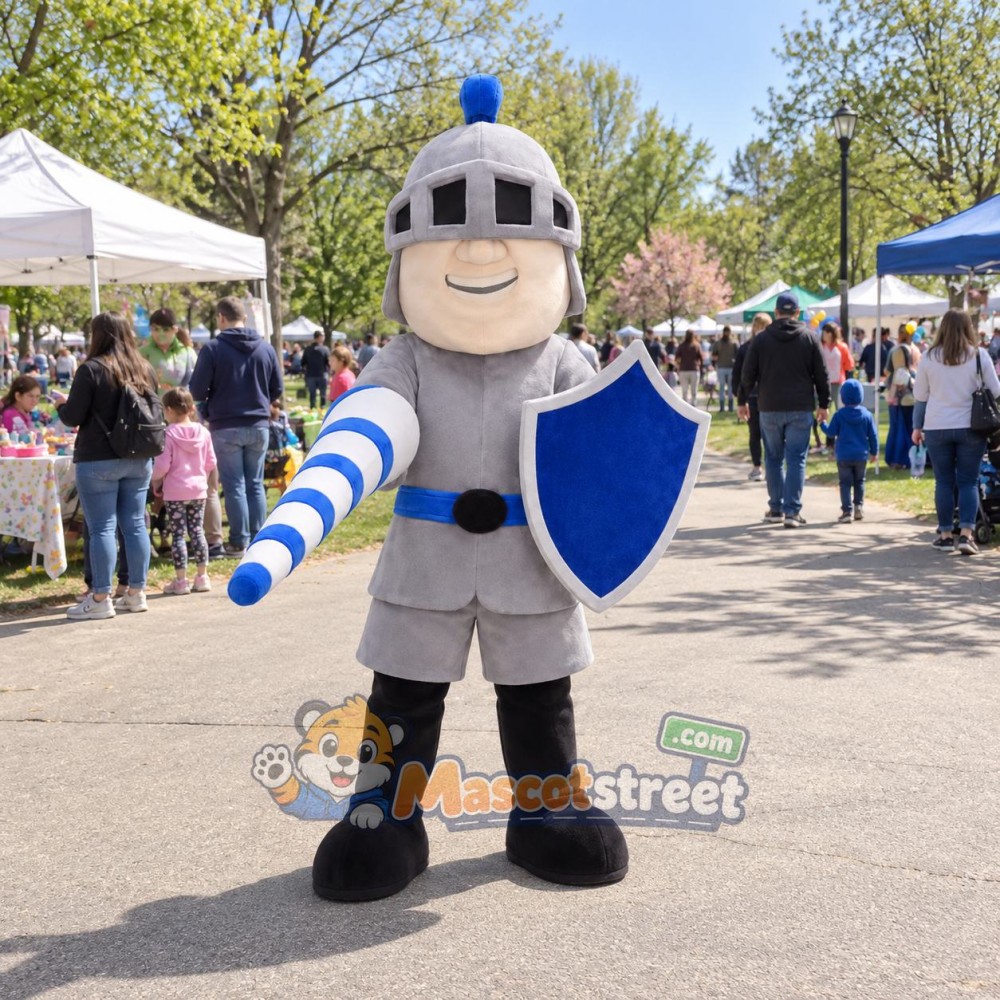 Knight Mascot Costume with Silver Armor and Helmet