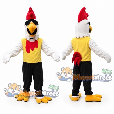 White Rooster Mascot Costume with Yellow Vest and Black Trousers White Rooster Mascot Costume with Yellow Vest and Black Trousers