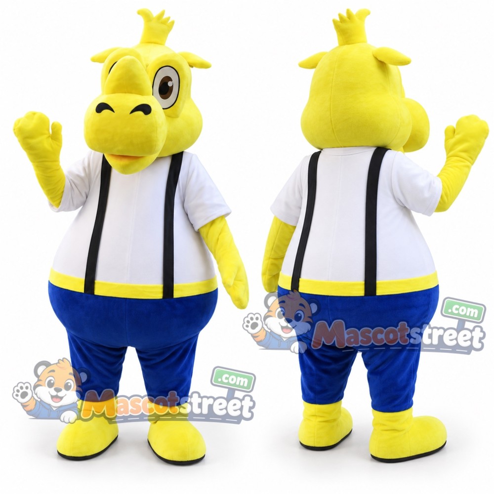 Yellow Rhinoceros Mascot Costume with White Shirt and Blue Trousers