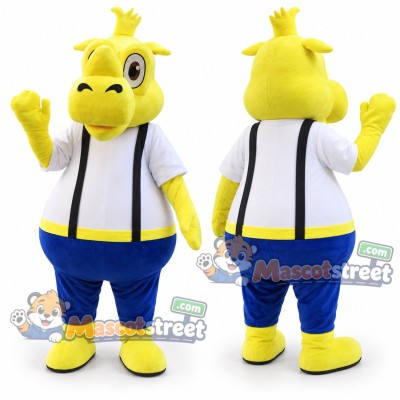 Yellow Rhinoceros Mascot Costume with White Shirt and Blue Trousers