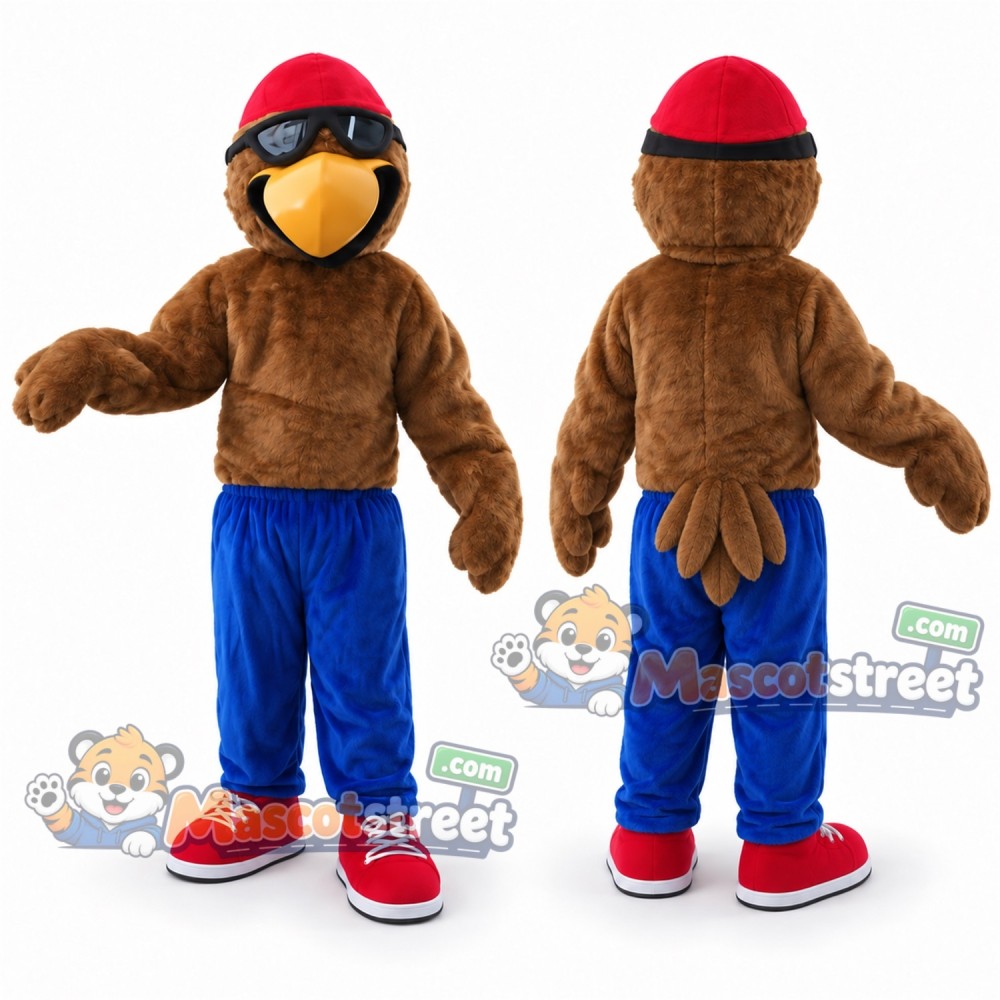 Brown Eagle Mascot Costume with Blue Trousers, Red Cap and Sunglasses Brown Eagle Mascot Costume with Blue Trousers, Red Cap and Sunglasses