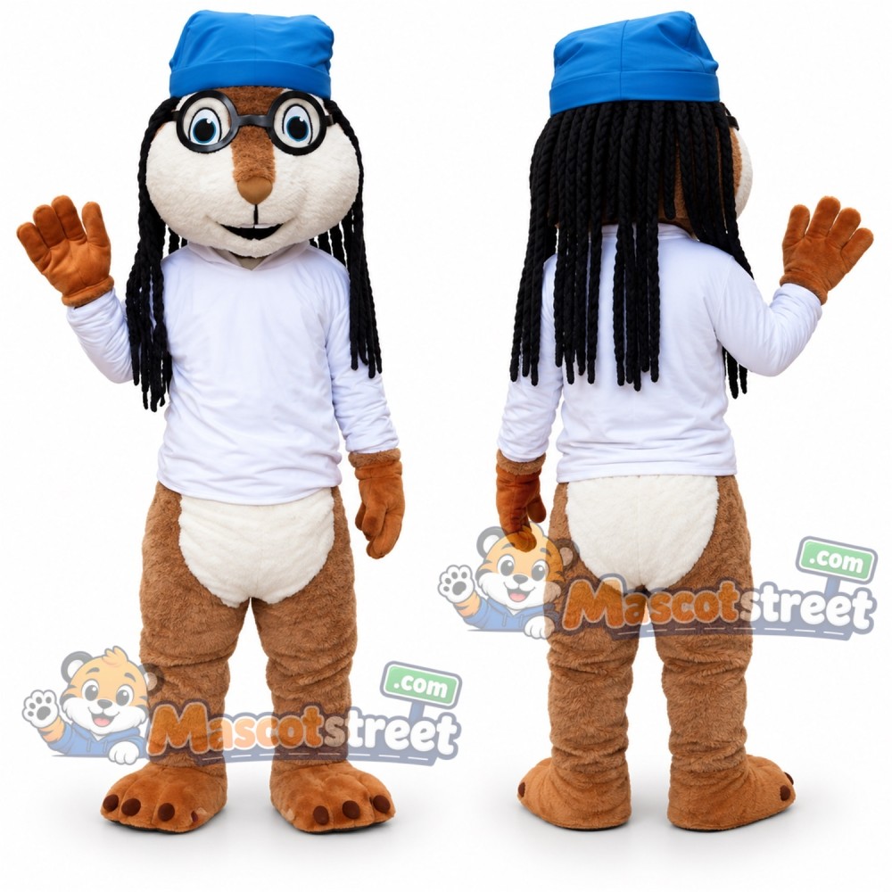 Brown Chipmunk Mascot Costume with White Shirt, Blue Cap and Glasses Brown Chipmunk Mascot Costume with White Shirt, Blue Cap and Glasses