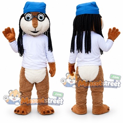 Brown Chipmunk Mascot Costume with White Shirt, Blue Cap and Glasses Brown Chipmunk Mascot Costume with White Shirt, Blue Cap and Glasses