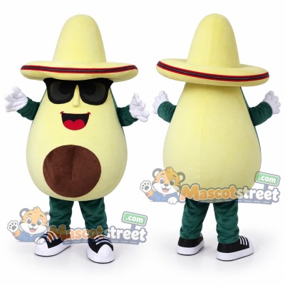 Avocado Mascot Costume with Sombrero and Sunglasses Avocado Mascot Costume with Sombrero and Sunglasses