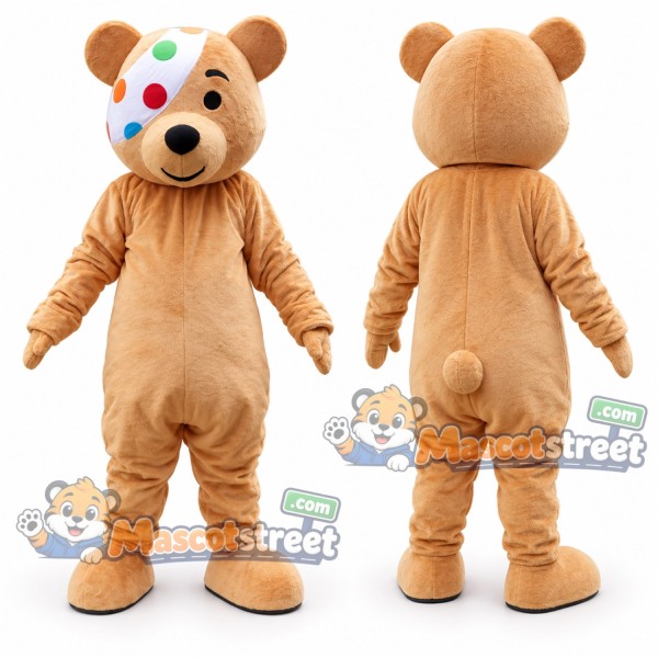 Tan Bear Mascot Costume with Colorful Eye Patch