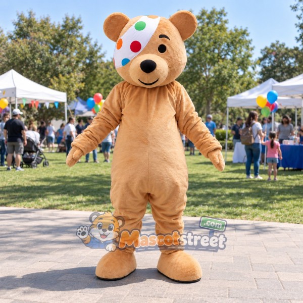 Tan Bear Mascot Costume with Colorful Eye Patch
