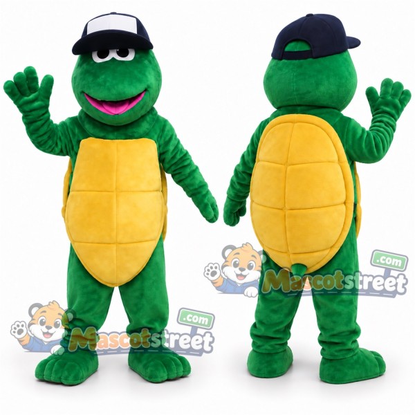 Green Turtle Mascot Costume with Sunglasses and Black Cap
