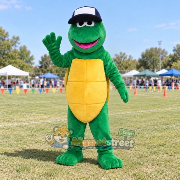 Green Turtle Mascot Costume with Sunglasses and Black Cap