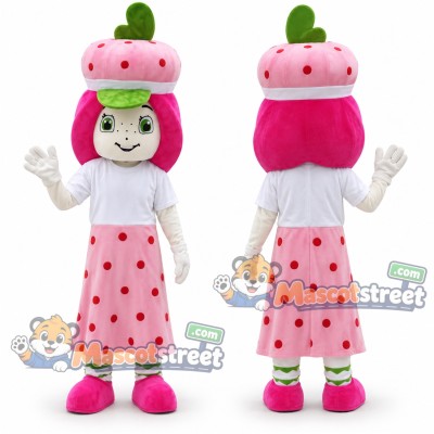 Strawberry Girl Mascot Costume with Pink Polka Dot Skirt and Strawberry Hat