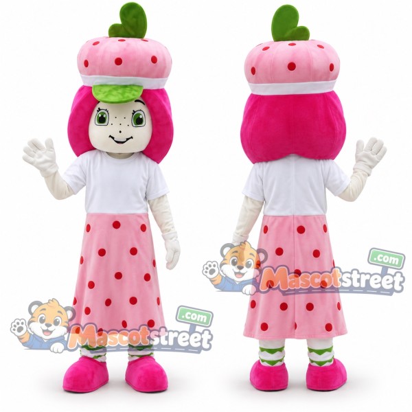 Strawberry Girl Mascot Costume with Pink Polka Dot Skirt and Strawberry Hat