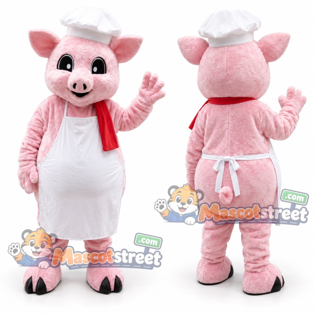 Pink Pig Mascot Costume with White Chef Apron and Hat